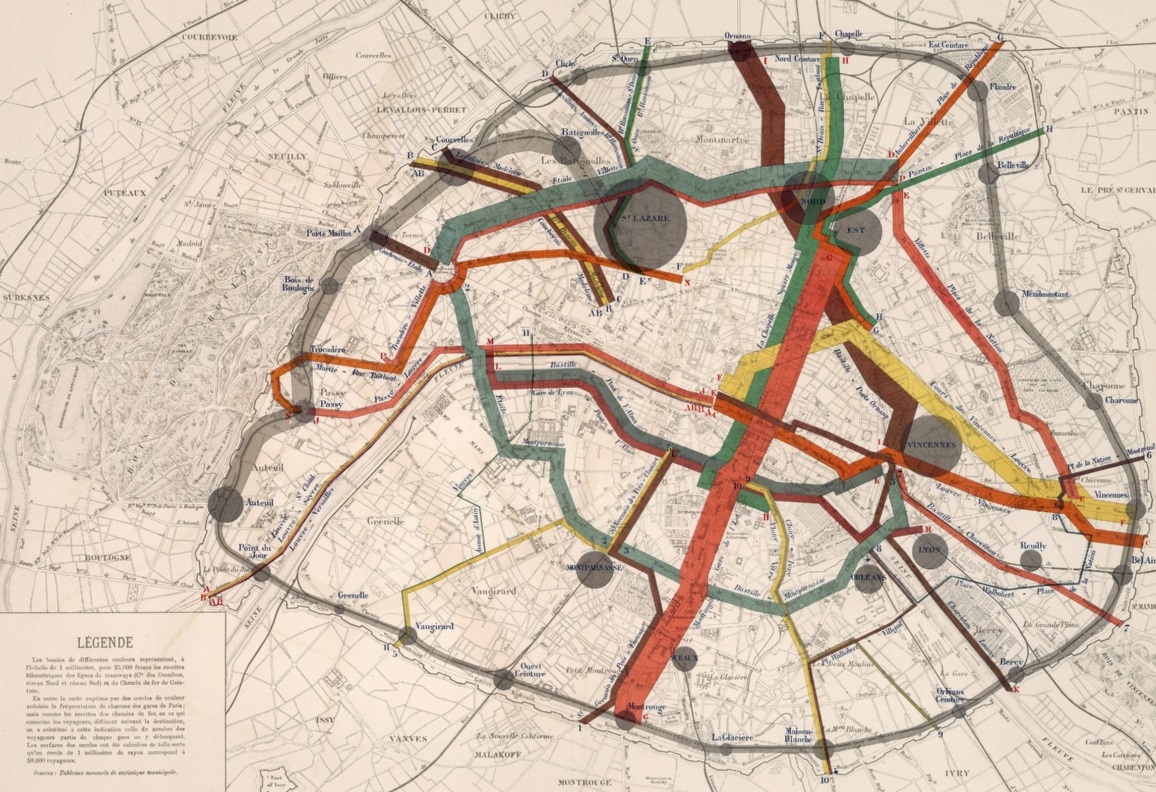 Paris 1888 : Recette kilometriques des tramways et chemin de fer de ceinture de Paris. Source: David Rumsey Map Collection. 